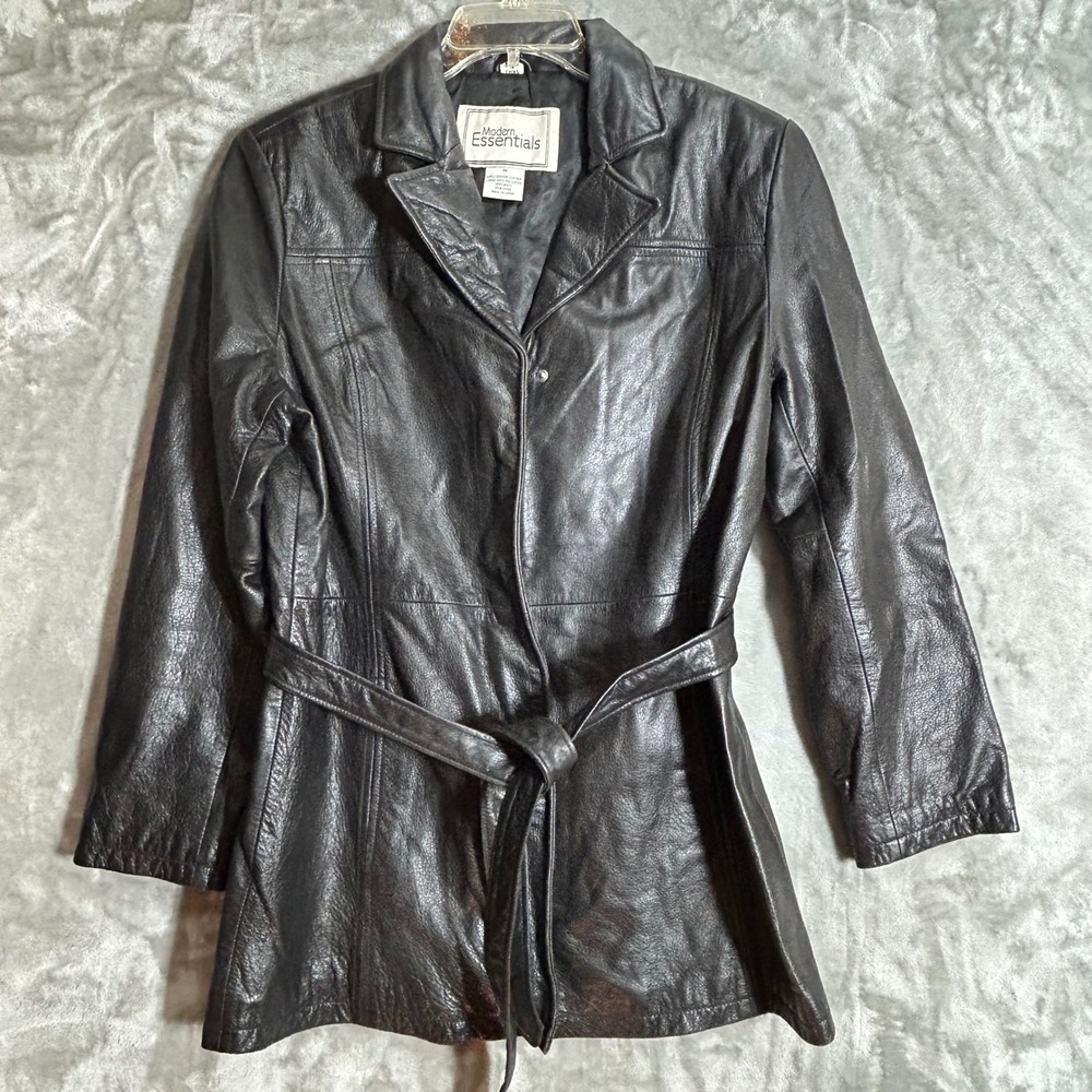 Modern Essentials Black Genuine Leather Belted Jacket Women Medium Zip Snap Coat